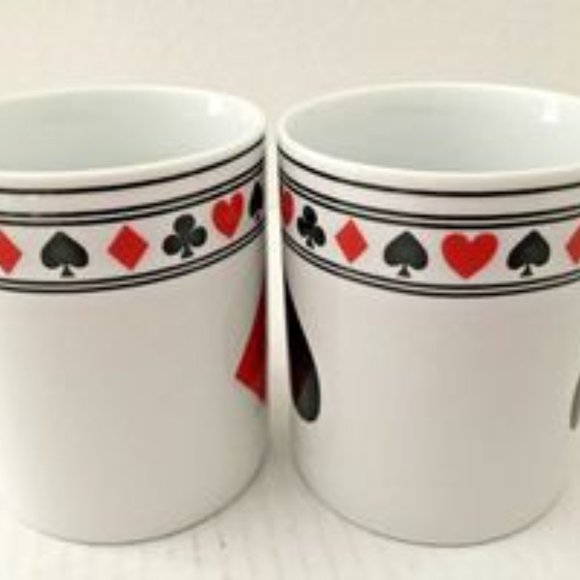 Pair DIAMOND & SPADE Poker Playing Card Porcelain Coffee Mugs Tea Cups GUC - Picture 3 of 8